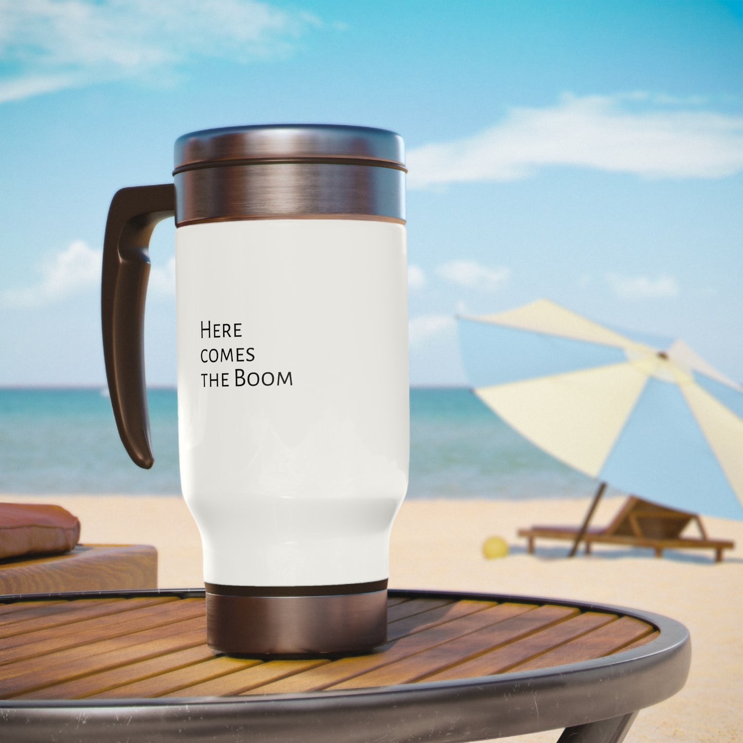Here comes the Boom Stainless Steel Travel Mug with Handle, 14oz