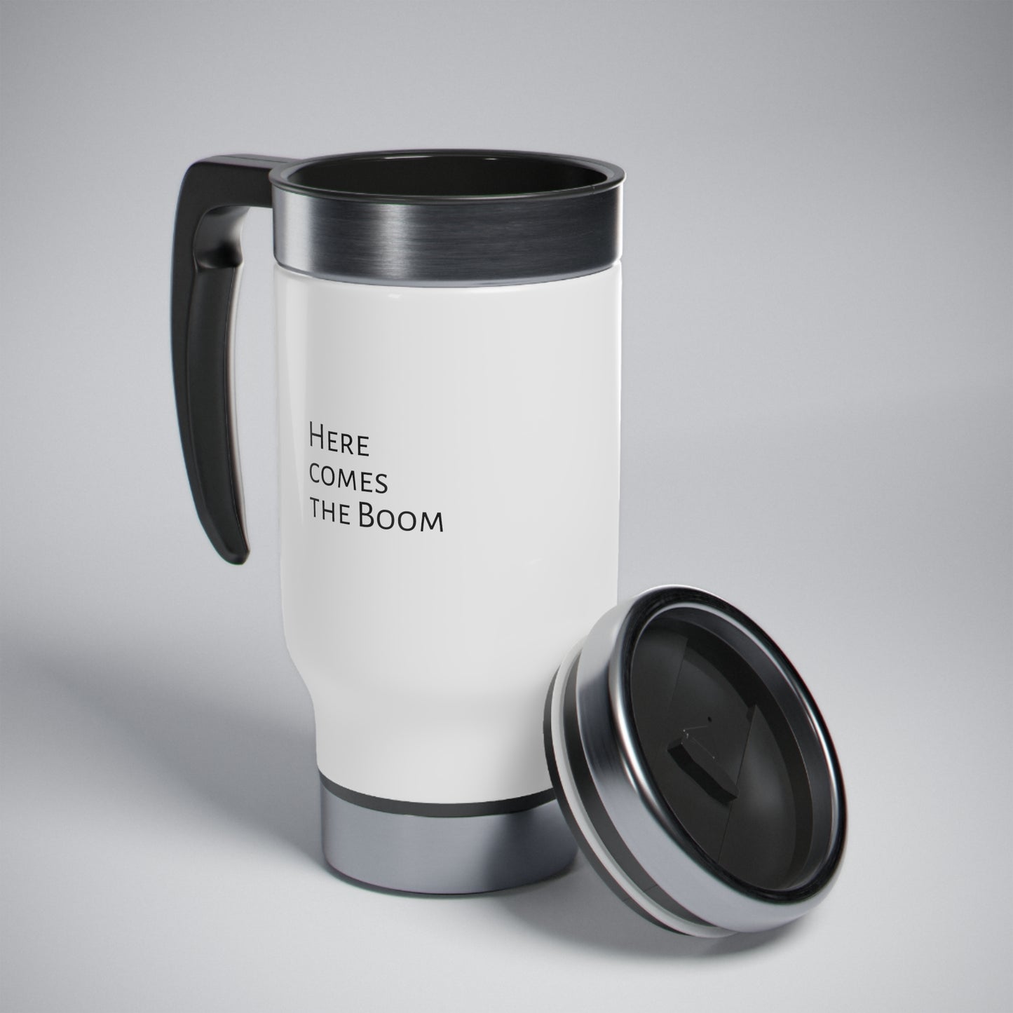 Here comes the Boom Stainless Steel Travel Mug with Handle, 14oz